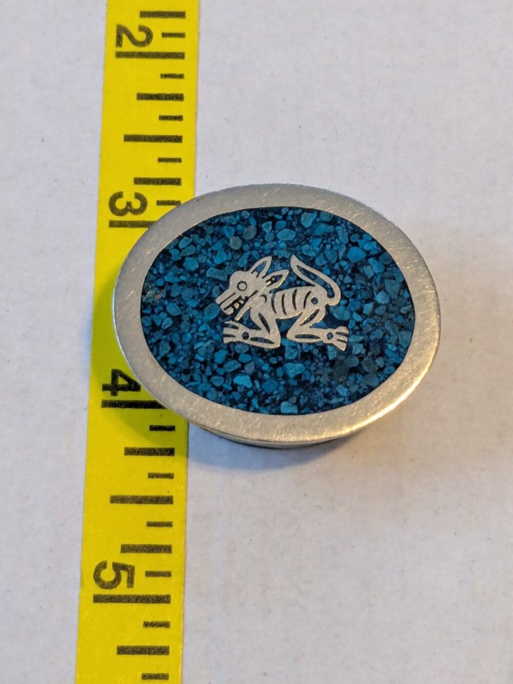 Vintage Alpaca Taxco Mexico Turquoise Inlay Maya Design Small Trinket Box